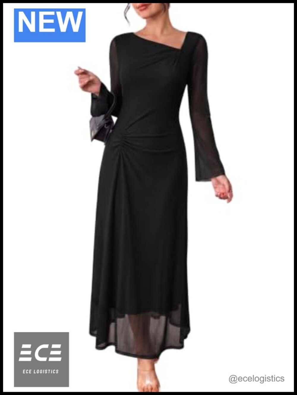 Maxi Dress Asymmetrical Neck Ruched Waist Long Sleeve Wedding Guest Formal